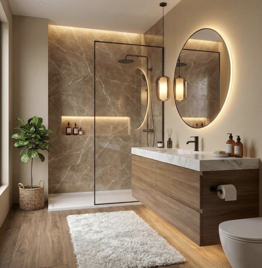 Salle de bain zen avec éclairage LED indirect et carrelage mat premium